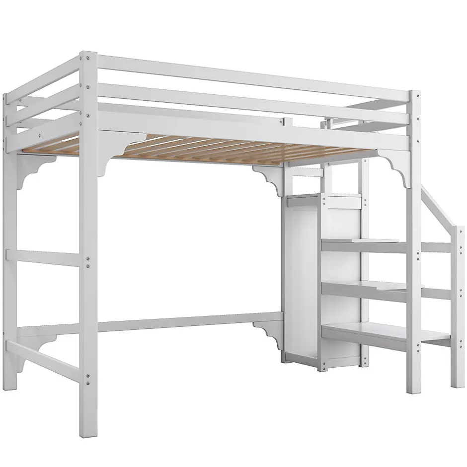 Generique Lit mezzanine 140x200 cm - Lit avec sommier à lattes et penderie - Pin + MDF - Sans matelas - Blanc