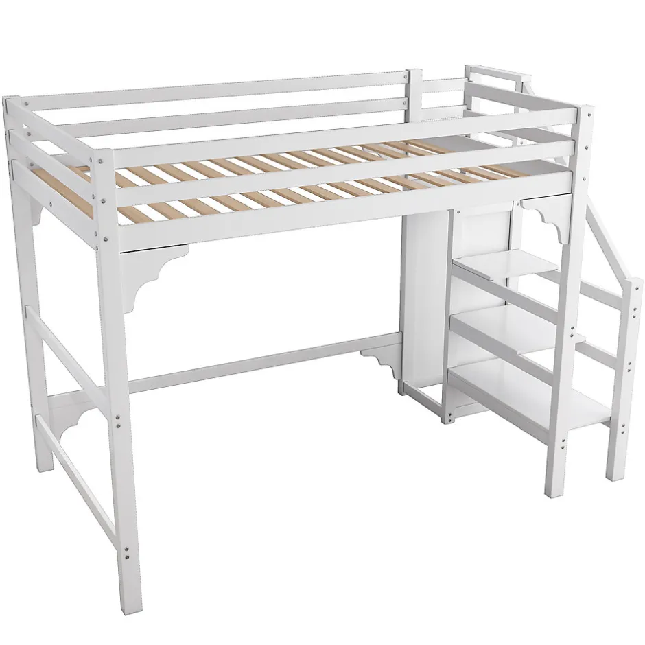 Generique Lit mezzanine 140x200 cm - Lit avec sommier à lattes et penderie - Pin + MDF - Sans matelas - Blanc