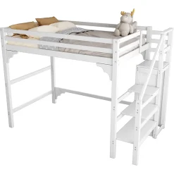 Generique Lit mezzanine 140x200 cm - Lit avec sommier à lattes et penderie - Pin + MDF - Sans matelas - Blanc