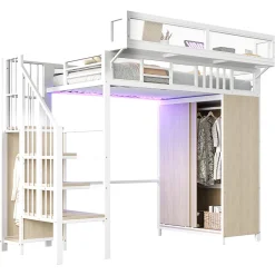 Okwish Lit Mezzanine 90x200 cm - Lit Ado avec Armoire et Éclairage LED, Garde-Corps en Filet - Sans Matelas - Métal et MDF - Blanc