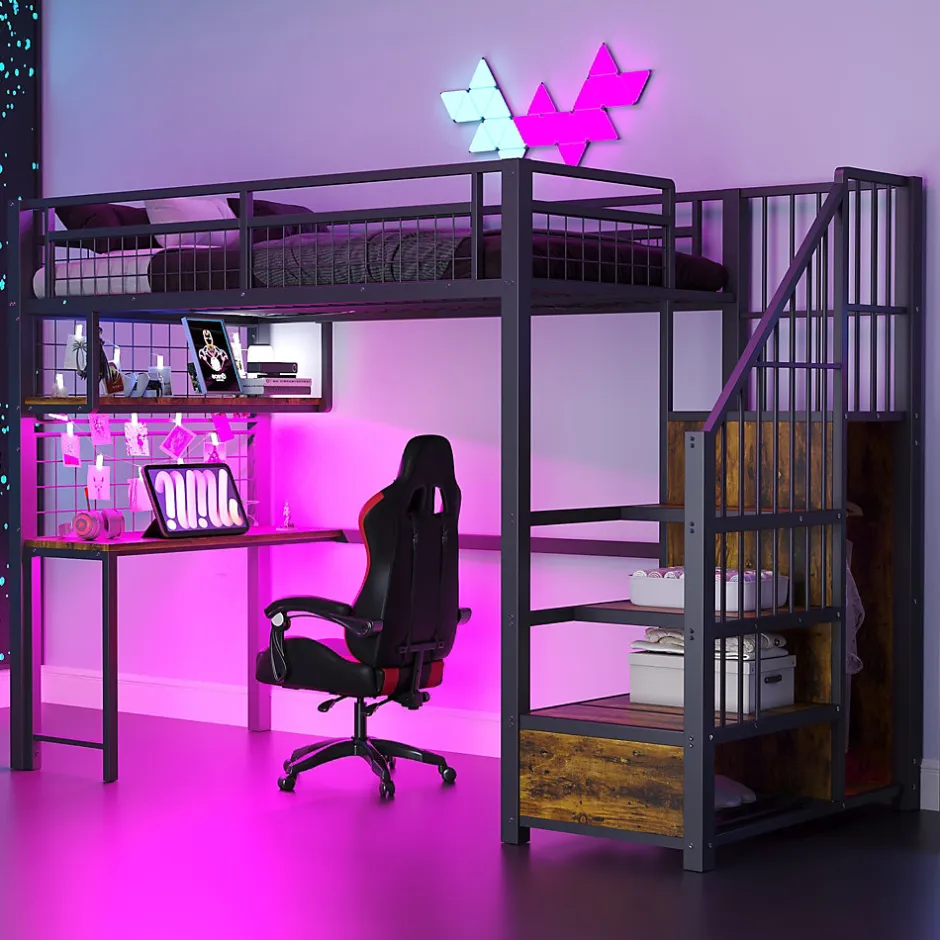 Okwish Lit Mezzanine 90x200 cm - Lit Ado avec Bureau et Armoire Intégrés, LED et Prise USB - Sans Matelas - Métal et MDF - Noir