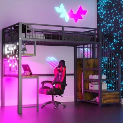 Okwish Lit Mezzanine 90x200 cm - Lit Ado avec Bureau et Armoire Intégrés, LED et Prise USB - Sans Matelas - Métal et MDF - Noir
