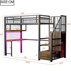 Okwish Lit Mezzanine 90x200 cm - Lit Ado avec Bureau et Armoire Intégrés, LED et Prise USB - Sans Matelas - Métal et MDF - Noir