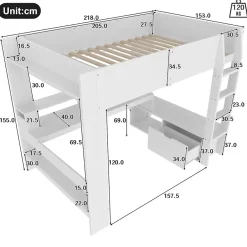 Okwish Lit mezzanine 140x200 cm - Lit avec bureau intégré et LED 16 s - Pin et MDF - Sans matelas - Blanc Online