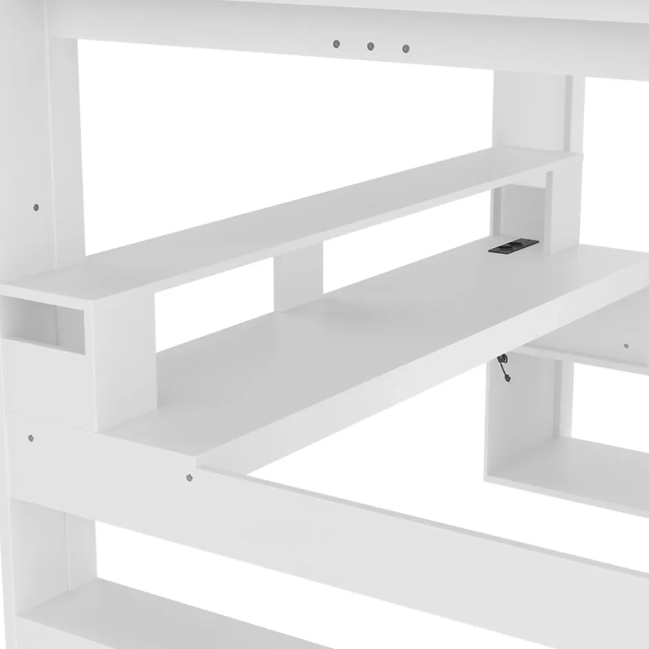 Okwish Lit mezzanine 140x200 cm - Lit avec bureau intégré et LED 16 s - Pin et MDF - Sans matelas - Blanc Online