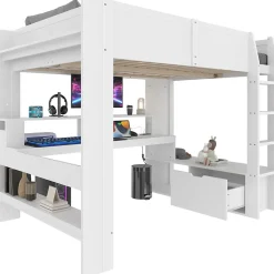 Okwish Lit mezzanine 140x200 cm - Lit avec bureau intégré et LED 16 s - Pin et MDF - Sans matelas - Blanc Online