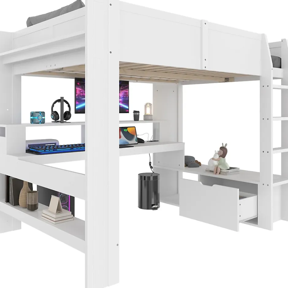 Okwish Lit mezzanine 140x200 cm - Lit avec bureau intégré et LED 16 s - Pin et MDF - Sans matelas - Blanc Online