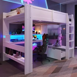Okwish Lit mezzanine 140x200 cm - Lit avec bureau intégré et LED 16 s - Pin et MDF - Sans matelas - Blanc Online