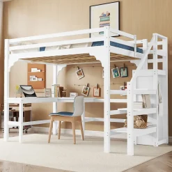 Okwish Lit Mezzanine 140x200 cm - Lit Combiné avec Bureau et Armoire ouverte, Lit Junior en Bois, Sans Matelas - Blanc