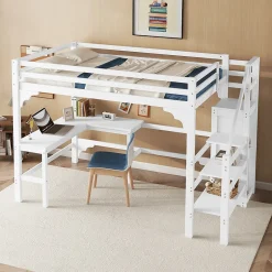 Okwish Lit Mezzanine 140x200 cm - Lit Combiné avec Bureau et Armoire ouverte, Lit Junior en Bois, Sans Matelas - Blanc