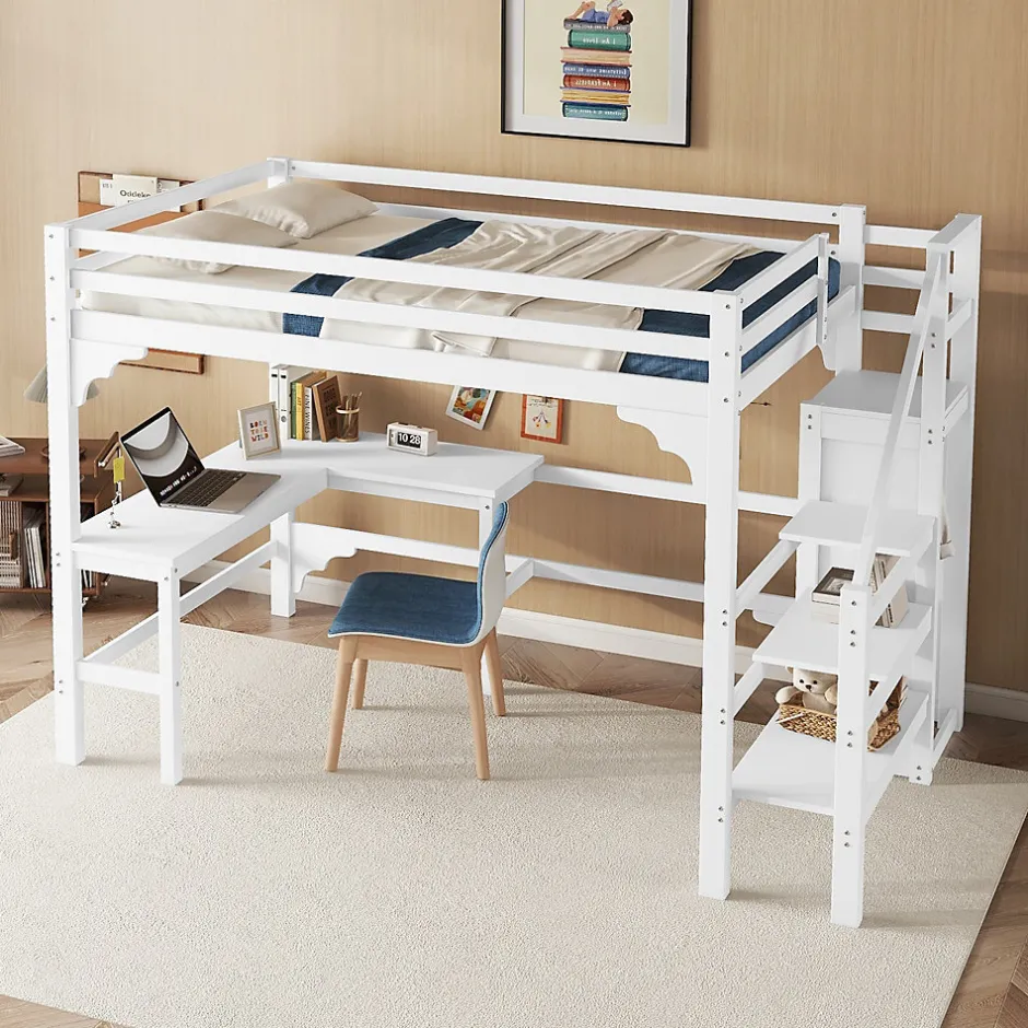 Okwish Lit Mezzanine 140x200 cm - Lit Combiné avec Bureau et Armoire ouverte, Lit Junior en Bois, Sans Matelas - Blanc