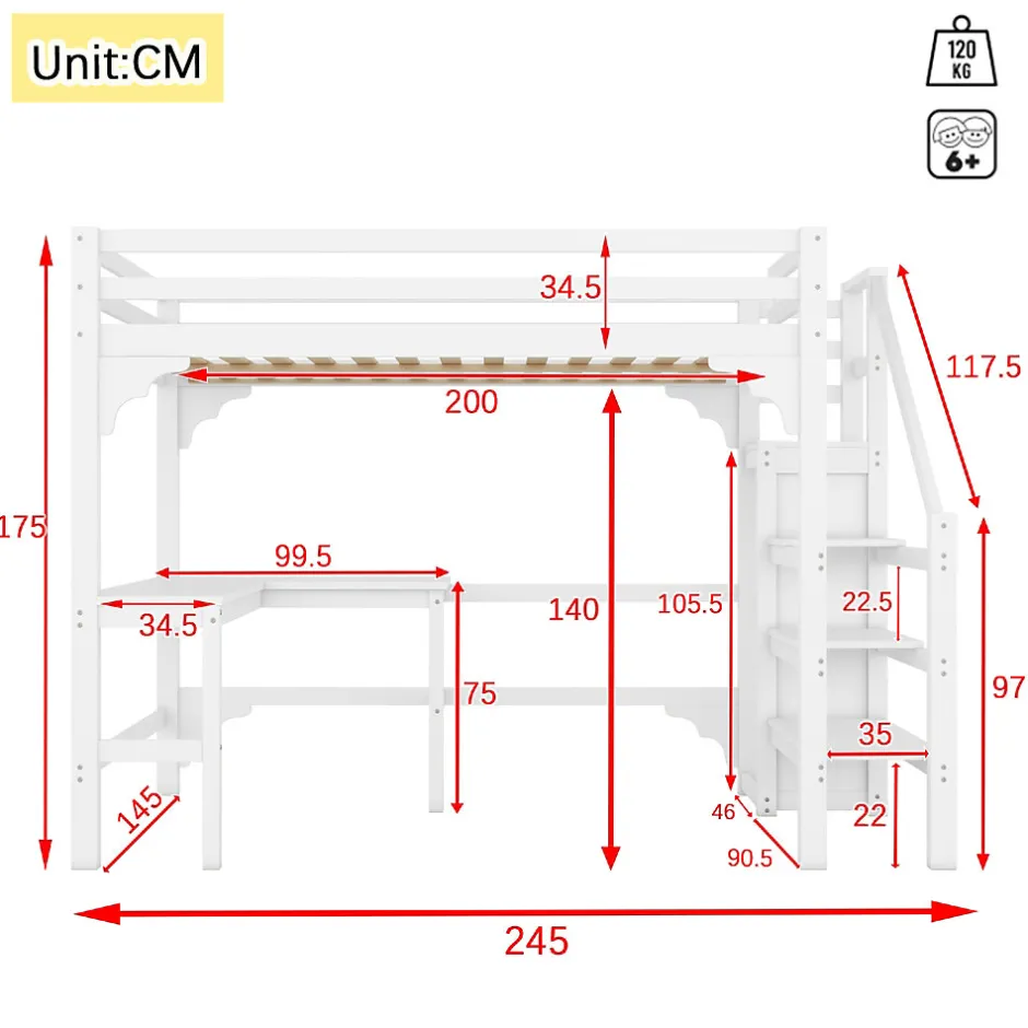 Okwish Lit Mezzanine 140x200 cm - Lit Combiné avec Bureau et Armoire ouverte, Lit Junior en Bois, Sans Matelas - Blanc