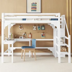 Okwish Lit Mezzanine 140x200 cm - Lit Combiné avec Bureau et Armoire ouverte, Lit Junior en Bois, Sans Matelas - Blanc