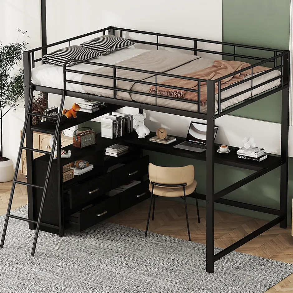 Generique Lit Mezzanine 140x200 cm - Lit Double avec Bureau en L et Rangements Intégrés - Métal + MDF - Sans Matelas - Noir