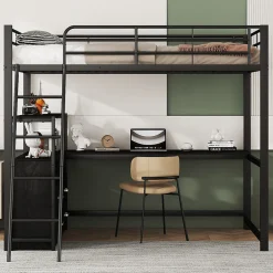 Generique Lit Mezzanine 140x200 cm - Lit Double avec Bureau en L et Rangements Intégrés - Métal + MDF - Sans Matelas - Noir