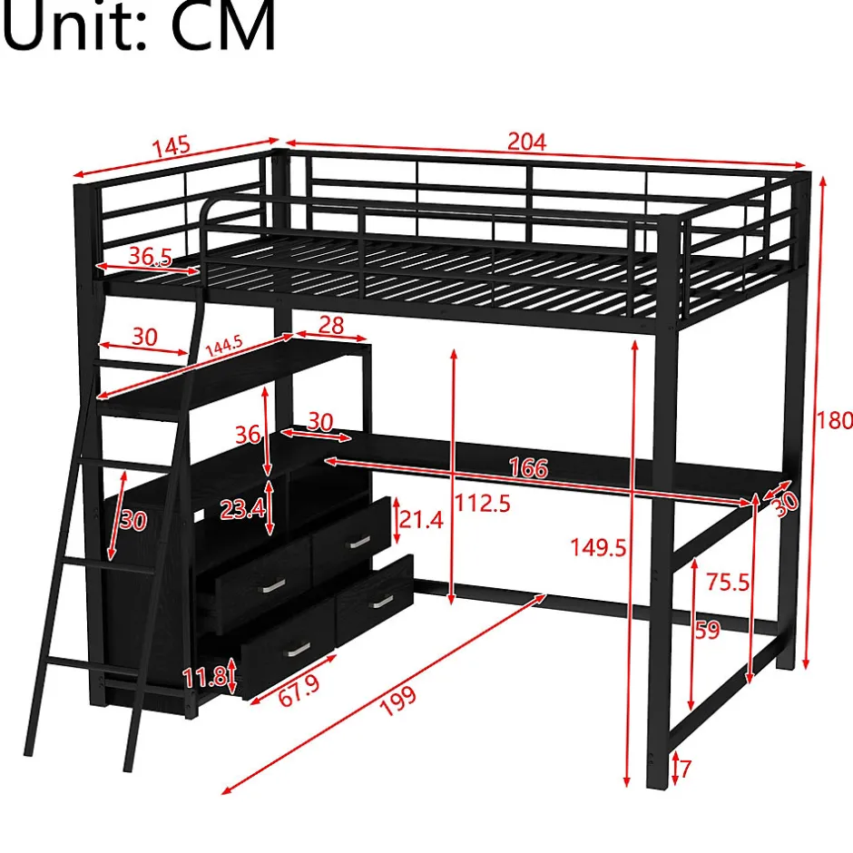 Generique Lit Mezzanine 140x200 cm - Lit Double avec Bureau en L et Rangements Intégrés - Métal + MDF - Sans Matelas - Noir