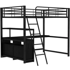 Generique Lit Mezzanine 140x200 cm - Lit Double avec Bureau en L et Rangements Intégrés - Métal + MDF - Sans Matelas - Noir
