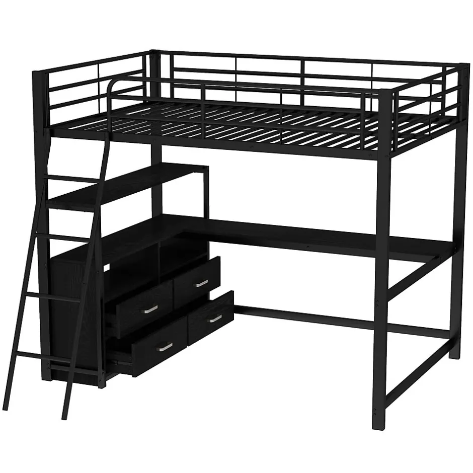 Generique Lit Mezzanine 140x200 cm - Lit Double avec Bureau en L et Rangements Intégrés - Métal + MDF - Sans Matelas - Noir