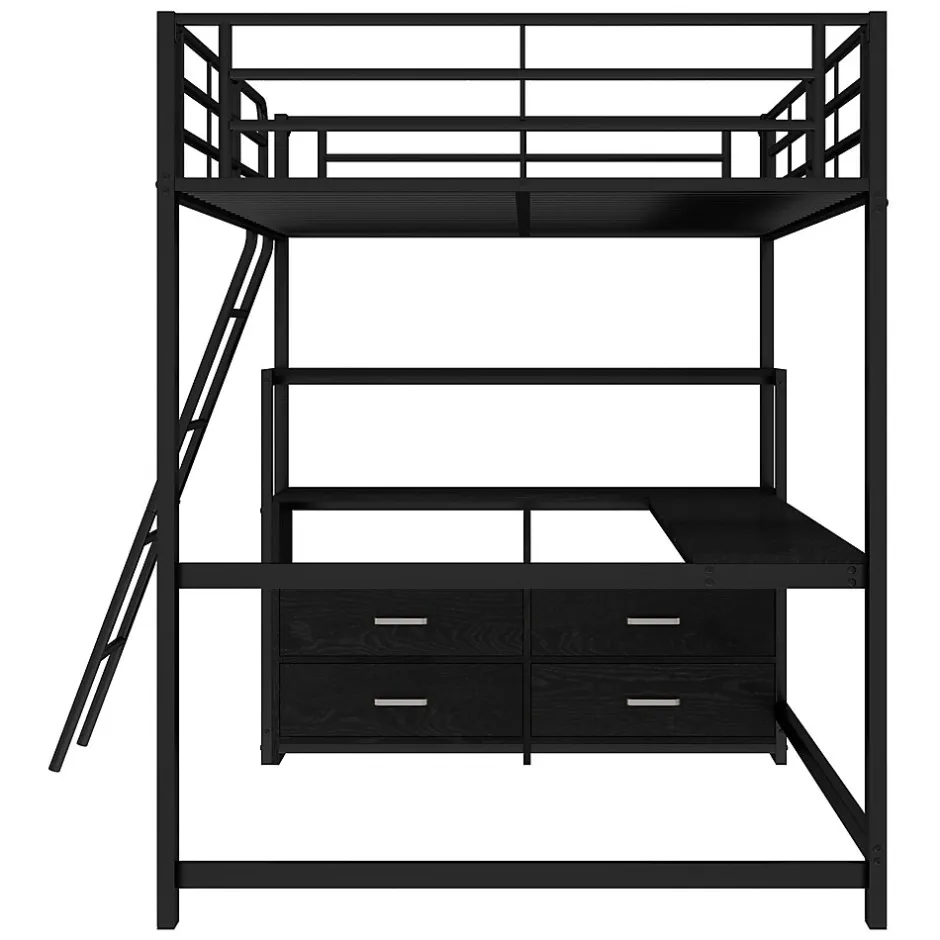 Generique Lit Mezzanine 140x200 cm - Lit Double avec Bureau en L et Rangements Intégrés - Métal + MDF - Sans Matelas - Noir