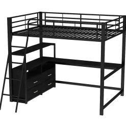 Generique Lit Mezzanine 140x200 cm - Lit Double avec Bureau en L et Rangements Intégrés - Métal + MDF - Sans Matelas - Noir