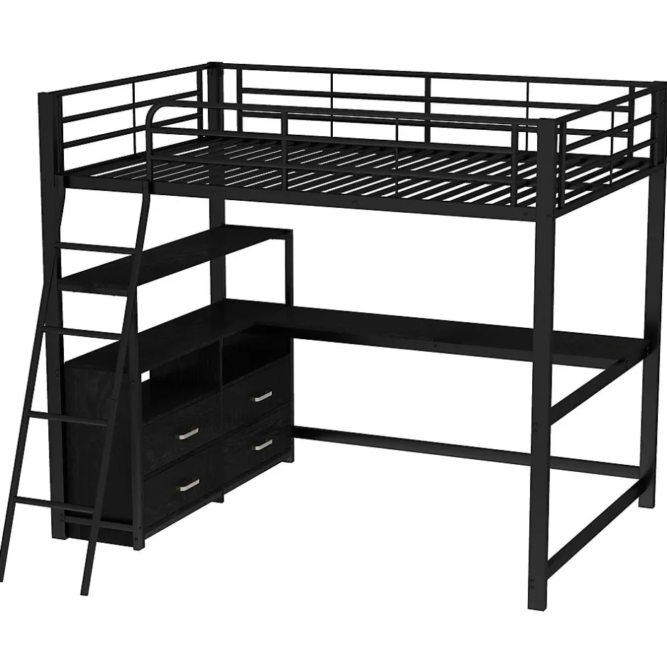 Generique Lit Mezzanine 140x200 cm - Lit Double avec Bureau en L et Rangements Intégrés - Métal + MDF - Sans Matelas - Noir