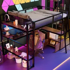 Okwish Lit Mezzanine 140x200 cm - Lit Double avec LED Intégrée et Bureau, Garde-Corps Sécurisé, sans Matelas - Métal Noir Hot