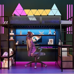 Okwish Lit Mezzanine 140x200 cm - Lit Double avec LED Intégrée et Bureau, Garde-Corps Sécurisé, sans Matelas - Métal Noir Hot