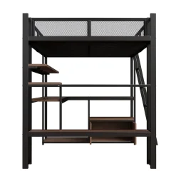 Okwish Lit Mezzanine 140x200 cm - Lit Double avec LED Intégrée et Bureau, Garde-Corps Sécurisé, sans Matelas - Métal Noir Hot