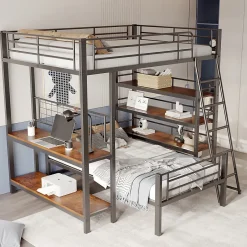 Okwish Lit mezzanine 140x200 cm - Lit double avec rangement multifonction, structure métal et MDF avec étagères - Sans matelas - Noir Best