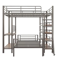 Okwish Lit mezzanine 140x200 cm - Lit double avec rangement multifonction, structure métal et MDF avec étagères - Sans matelas - Noir Best