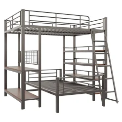 Okwish Lit mezzanine 140x200 cm - Lit double avec rangement multifonction, structure métal et MDF avec étagères - Sans matelas - Noir Best