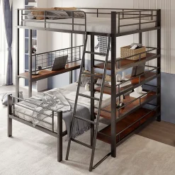 Okwish Lit mezzanine 140x200 cm - Lit double avec rangement multifonction, structure métal et MDF avec étagères - Sans matelas - Noir Best