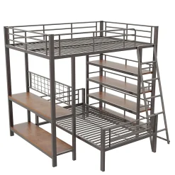 Okwish Lit mezzanine 140x200 cm - Lit double avec rangement multifonction, structure métal et MDF avec étagères - Sans matelas - Noir Best