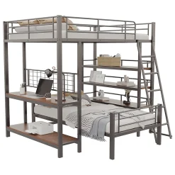Okwish Lit mezzanine 140x200 cm - Lit double avec rangement multifonction, structure métal et MDF avec étagères - Sans matelas - Noir Best