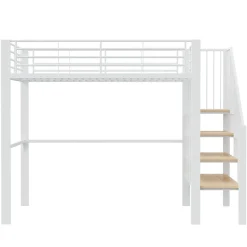Okwish Lit mezzanine 140x200 cm - Lit double avec rangement et escalier, structure métallique robuste - Blanc - Sans matelas New