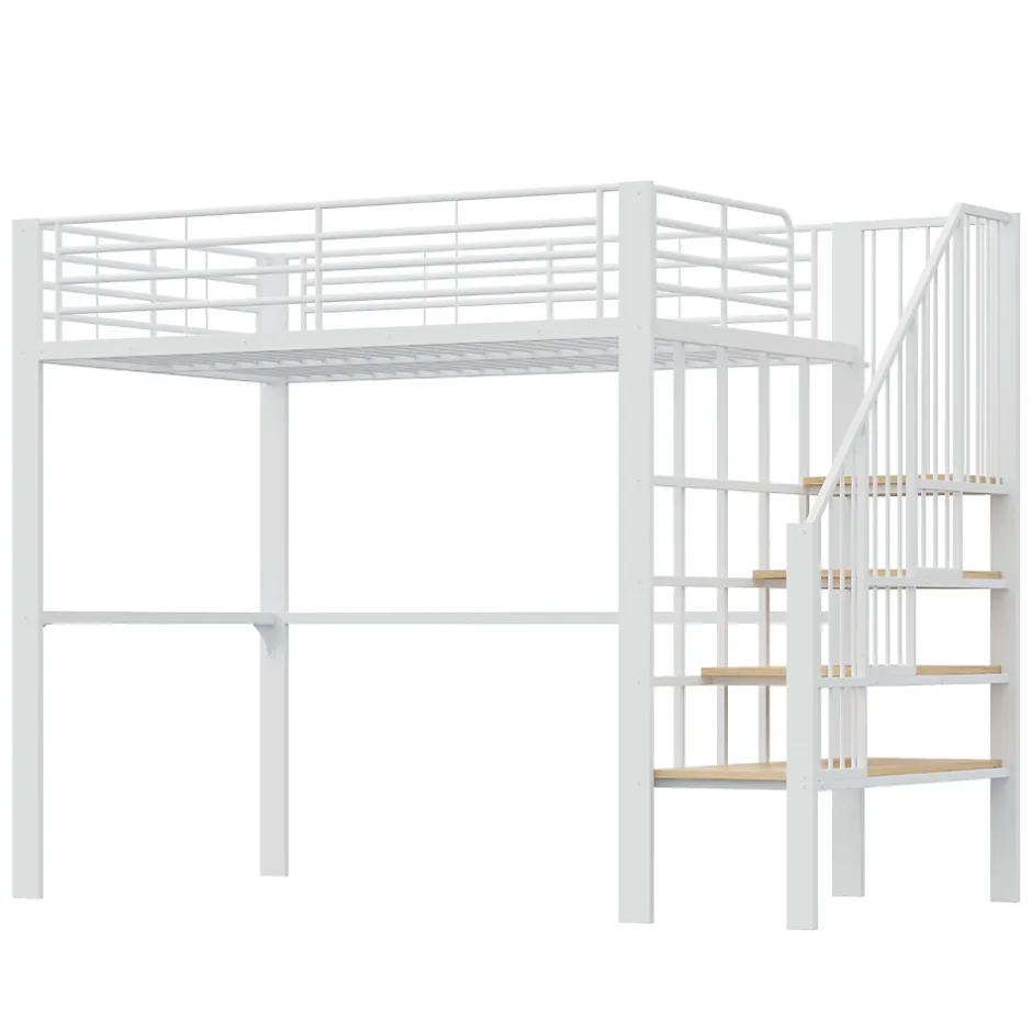 Okwish Lit mezzanine 140x200 cm - Lit double avec rangement et escalier, structure métallique robuste - Blanc - Sans matelas New