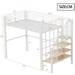 Okwish Lit mezzanine 140x200 cm - Lit double avec rangement et escalier, structure métallique robuste - Blanc - Sans matelas New