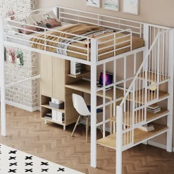 Okwish Lit mezzanine 140x200 cm - Lit double avec rangement et escalier, structure métallique robuste - Blanc - Sans matelas New