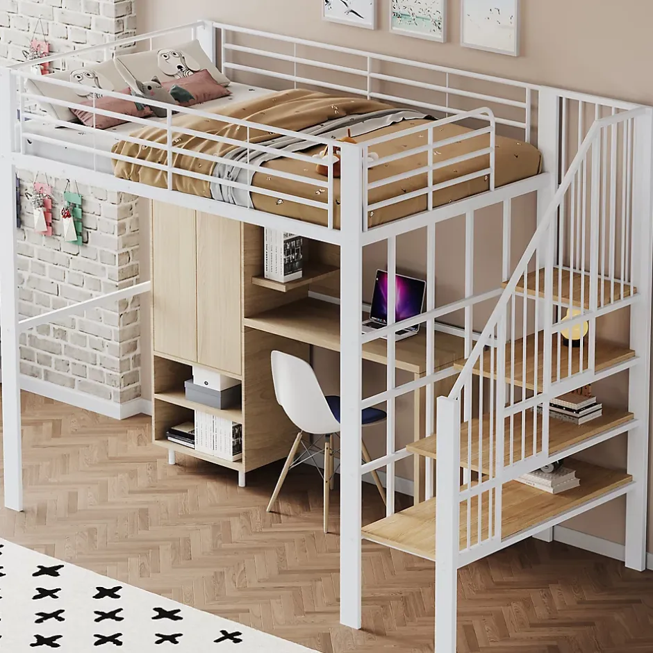 Okwish Lit mezzanine 140x200 cm - Lit double avec rangement et escalier, structure métallique robuste - Blanc - Sans matelas New