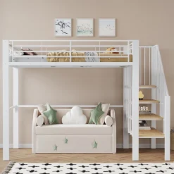Okwish Lit mezzanine 140x200 cm - Lit double avec rangement et escalier, structure métallique robuste - Blanc - Sans matelas New