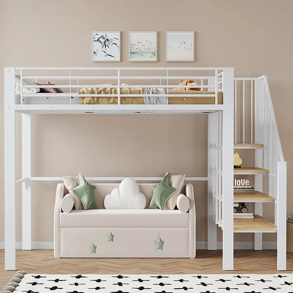 Okwish Lit mezzanine 140x200 cm - Lit double avec rangement et escalier, structure métallique robuste - Blanc - Sans matelas New