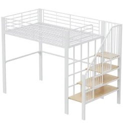 Okwish Lit mezzanine 140x200 cm - Lit double avec rangement et escalier, structure métallique robuste - Blanc - Sans matelas New