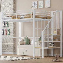 Okwish Lit mezzanine 140x200 cm - Lit double avec rangement et escalier, structure métallique robuste - Blanc - Sans matelas New