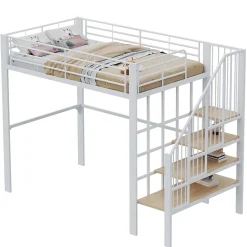 Okwish Lit mezzanine 140x200 cm - Lit double avec rangement et escalier, structure métallique robuste - Blanc - Sans matelas New