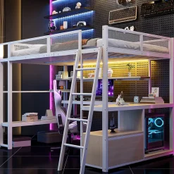 Okwish Lit Mezzanine 140x200 cm - Lit Double avec LED Intégrée et Bureau, Garde-Corps Sécurisé, sans Matelas - Métal Blanc Outlet