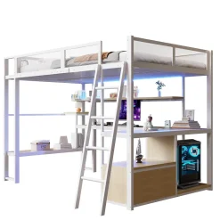 Okwish Lit Mezzanine 140x200 cm - Lit Double avec LED Intégrée et Bureau, Garde-Corps Sécurisé, sans Matelas - Métal Blanc Outlet