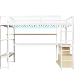 Okwish Lit Mezzanine 140x200 cm - Lit Double avec LED Intégrée et Bureau, Garde-Corps Sécurisé, sans Matelas - Métal Blanc Outlet