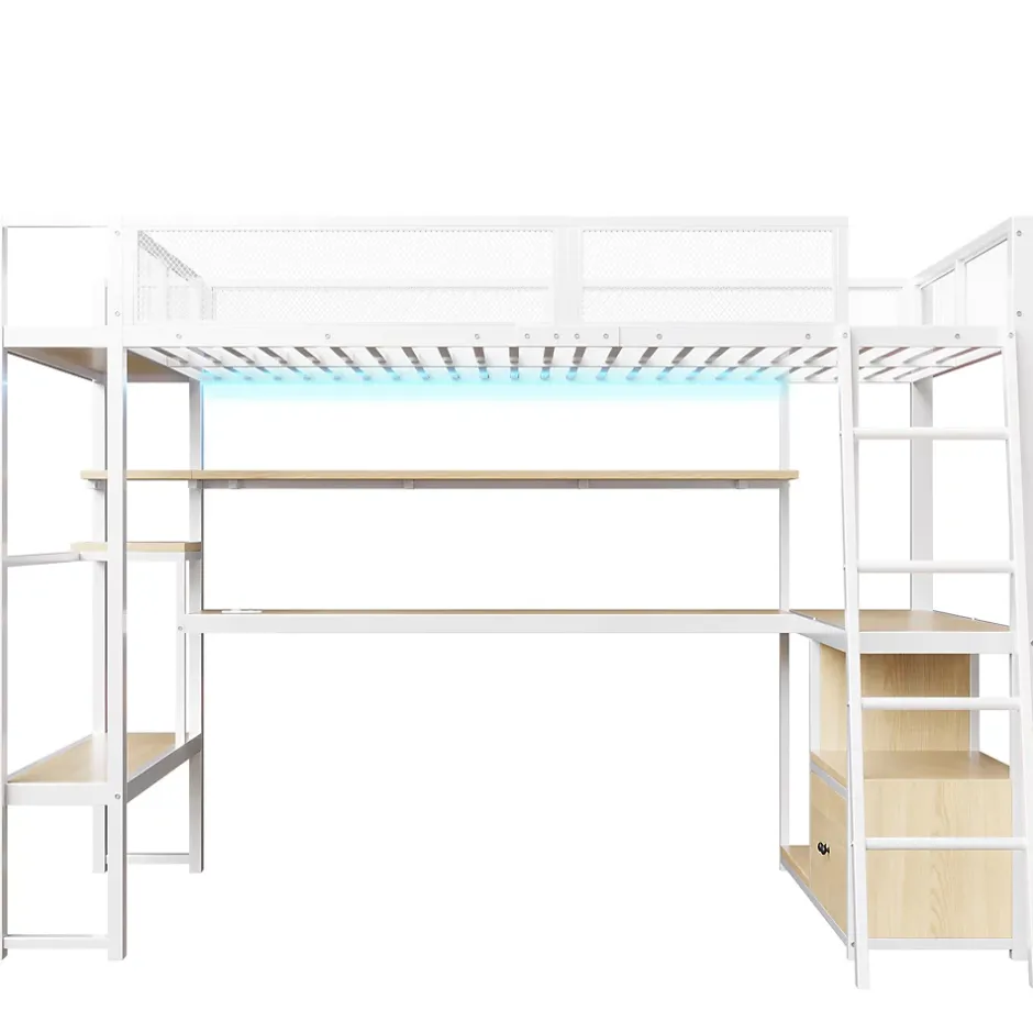 Okwish Lit Mezzanine 140x200 cm - Lit Double avec LED Intégrée et Bureau, Garde-Corps Sécurisé, sans Matelas - Métal Blanc Outlet