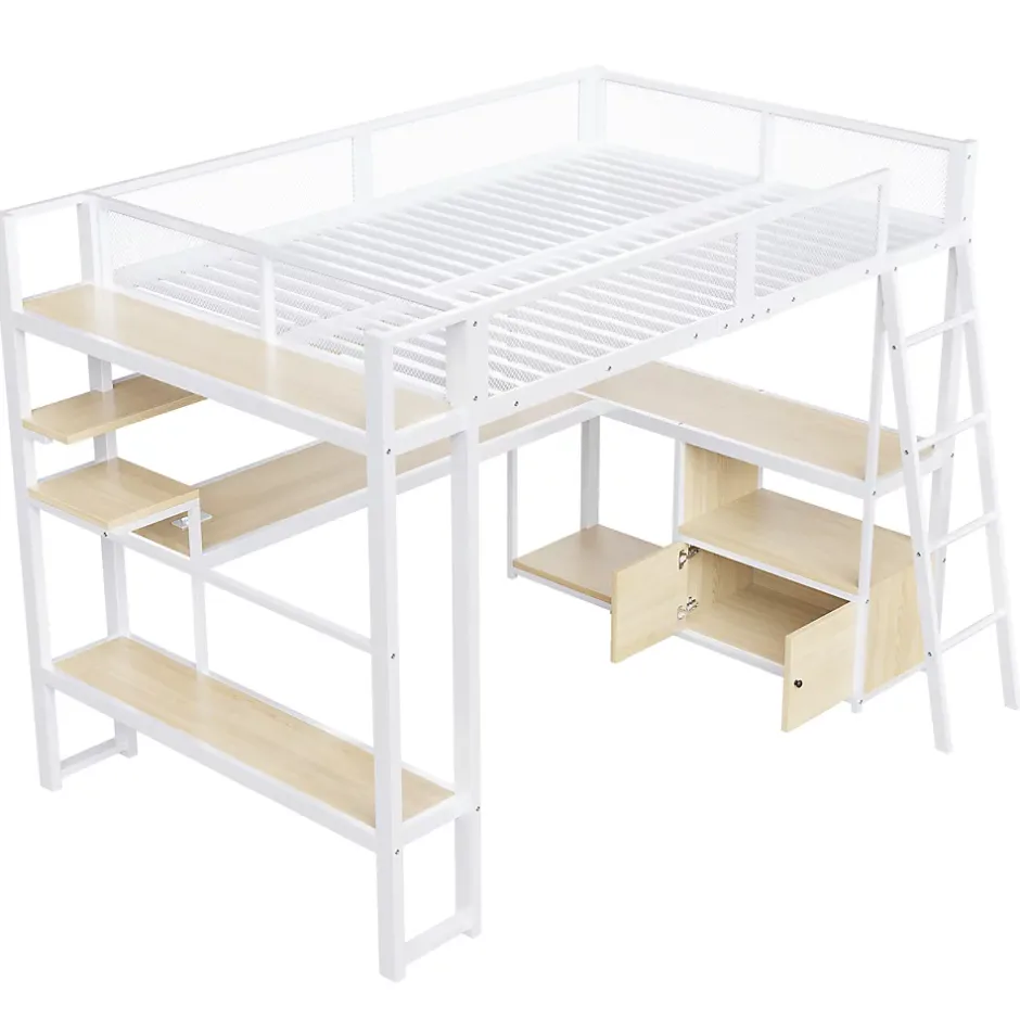 Okwish Lit Mezzanine 140x200 cm - Lit Double avec LED Intégrée et Bureau, Garde-Corps Sécurisé, sans Matelas - Métal Blanc Outlet