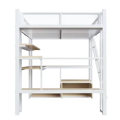 Okwish Lit Mezzanine 140x200 cm - Lit Double avec LED Intégrée et Bureau, Garde-Corps Sécurisé, sans Matelas - Métal Blanc Outlet